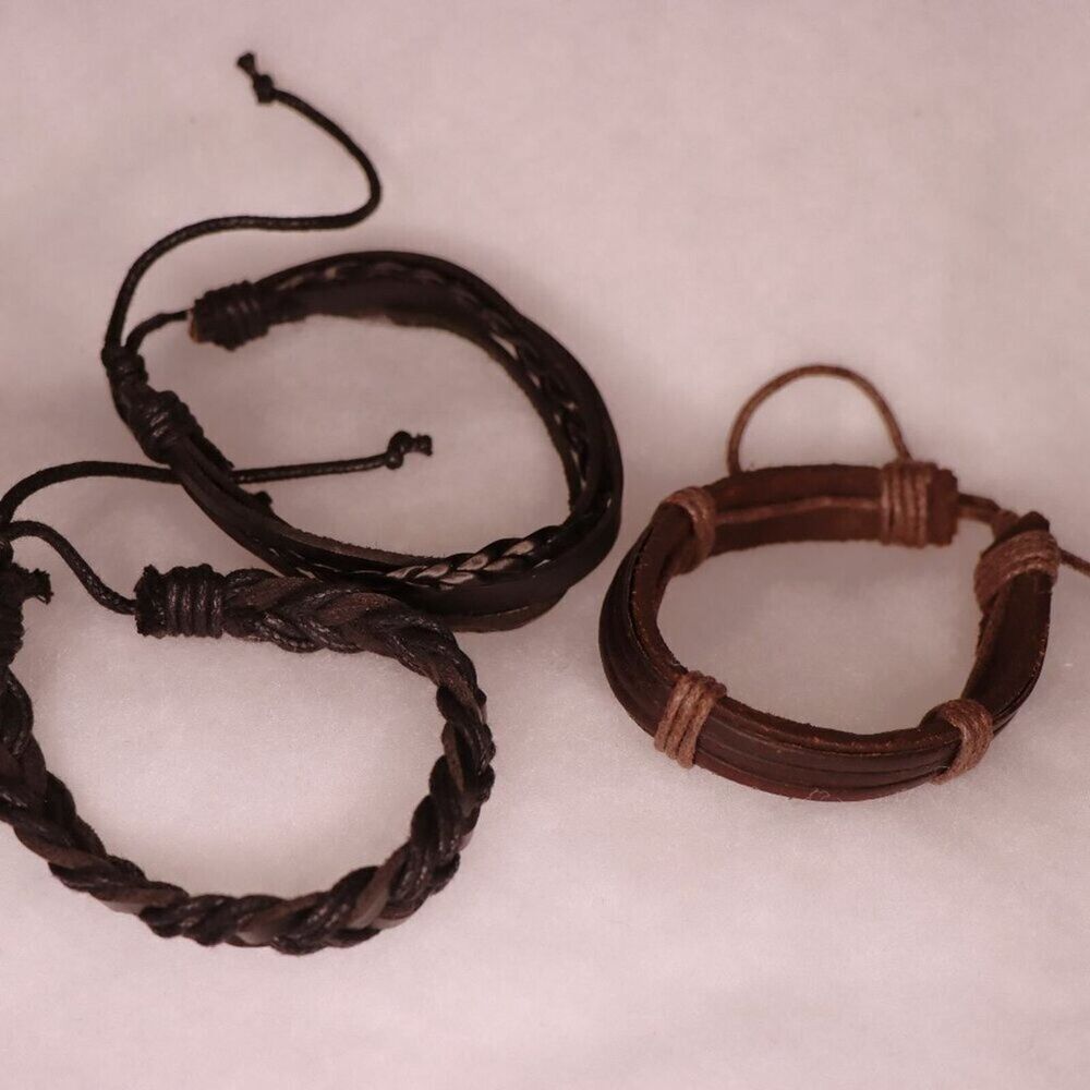 Set of 3 leather adjustable bracelets  braided and twisted crafted cuff unisex
